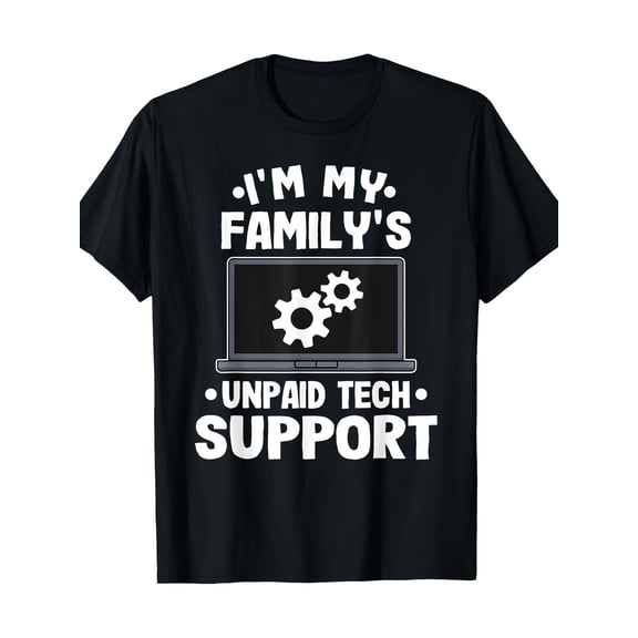 Funny Computer Engineer T-Shirt - "I'm My Family'S Unpaid Tech Support" Retro Graphic Tee with Laptop & Gear Design, 220gsm Heavyweight Fabric, Loose Fit Short Sleeve Round Neck Casual Shirt for