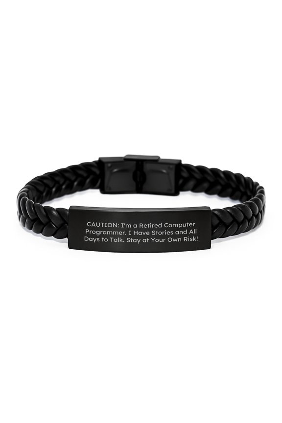 Funny Computer Programmer Gifts for Men, Interlaced Leather Bracelet for Graduation, 'Caution: I'm A Retired Computer Programmer...' - Gifts from Friends, Coworkers, or Family