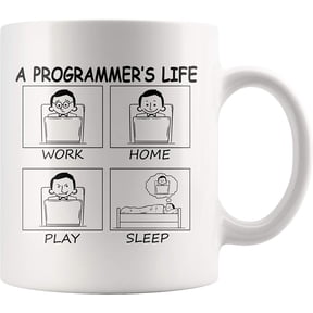 Funny Computer Programmers Life at Work Home Play Sleep Coffee Mug Geek Nerd Player Gift Ideas 11 oz Ceramic Cup High Gloss + Premium White Finish Dishwasher and Microwave Safe