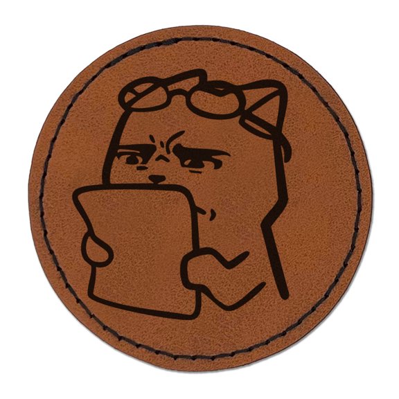 Funny Concerned Confused Disturbed Teacher Cat Paper Homework Round Iron-On Engraved Faux Leather Patch Applique - 2.5 Inch - Brown
