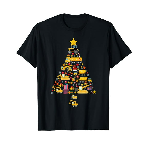 Funny Construction Trucks Christmas Tree Xmas Men T-Shirt Black Tee