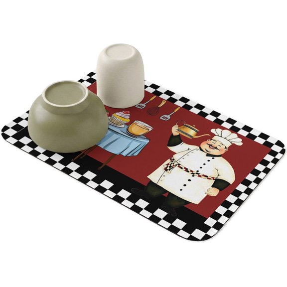 Funny Cook Knife Fork Food on Red Dish Drying Mat,Absorbent Diatomaceous Earth Mats Black White Buffalo Plaid Coffee Mat Dishes Drainer Pad for Kitchen Counter Rack Sink Utensils,12x16in