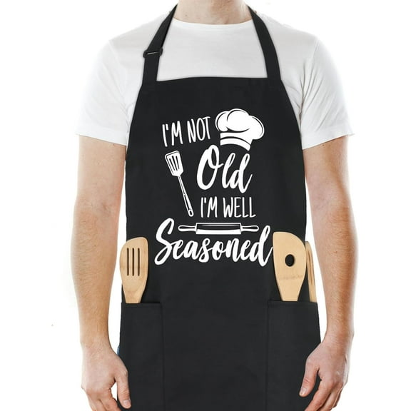 Funny Cooking Aprons for Women Men, I'M NOT Old I'M WELL Seasoned, Aprons for Cooking Kitchen Grilling Aprons with Two Pockets, Grill Apron Adjustable Chef Apron, Birthday Gift for Dad Mom