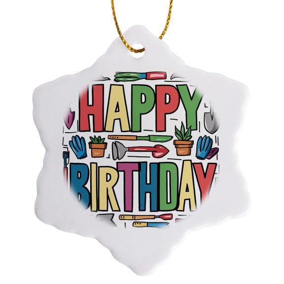 3drose, Funny Cool Abstract Happy Birthday Text and Gardening Tools, 3 inch Snowflake Porcelain Ornament
