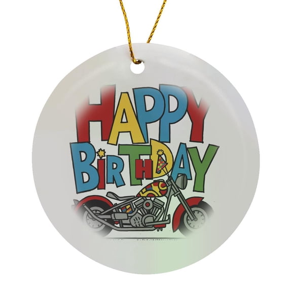 3drose, Funny Cool Abstract Happy Birthday Text and Red Motorcycle, Circle Porcelain Ornament