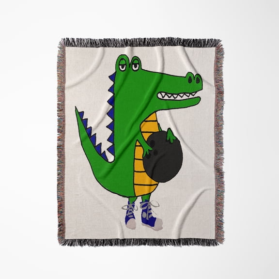 Funny Cool Alligator Bowling Cartoon, Woven Blanket