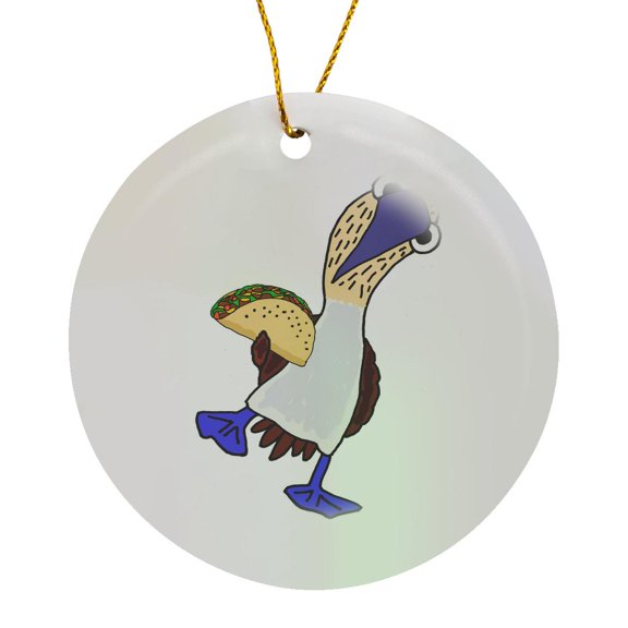 3drose, Funny Cool Blue-footed Booby Bird Eating Taco Cartoon, Circle Porcelain Ornament