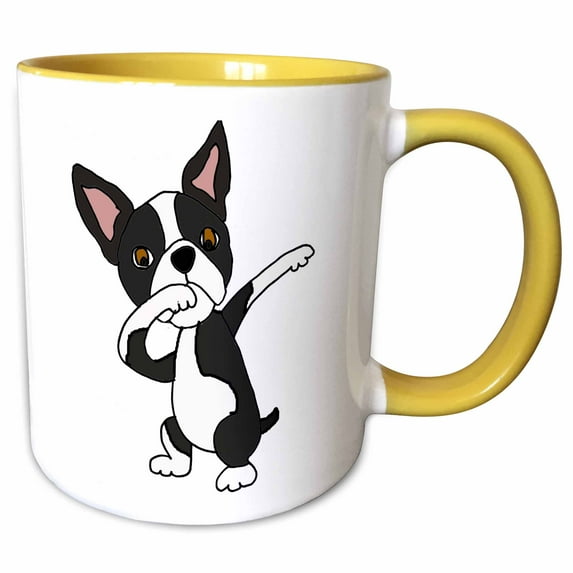 3drose, Funny Cool Boston Terrier Dog Dabbing Dab Dancing, 11oz Two-tone Yellow Mug