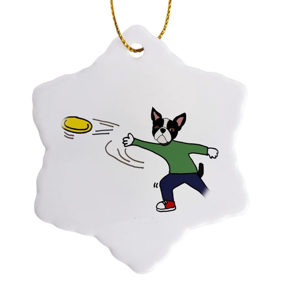 3drose, Funny Cool Boston Terrier Dog Throwing Frisbee Cartoon, 3 inch Snowflake Porcelain Ornament