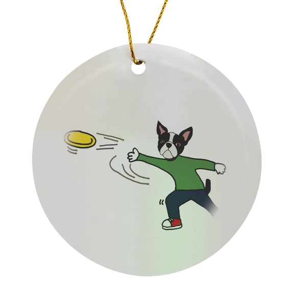 3drose, Funny Cool Boston Terrier Dog Throwing Frisbee Cartoon, Circle Porcelain Ornament