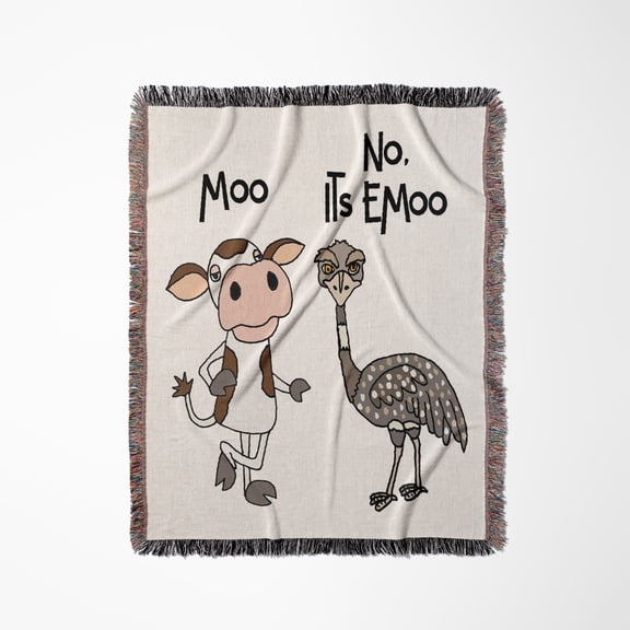 Funny Cool Camera Hog Emu Bird And Cow Moo And Emoo Pun Cartoon, Woven Blanket