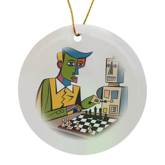 3drose, Funny Cool Chess Player Playing Chess with Robot Chess Game Abstract, Circle Porcelain Ornament