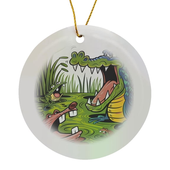 3drose, Funny Cool Colorful Alligator, Bear and Frog Swamp Graffiti Abstract, Circle Porcelain Ornament