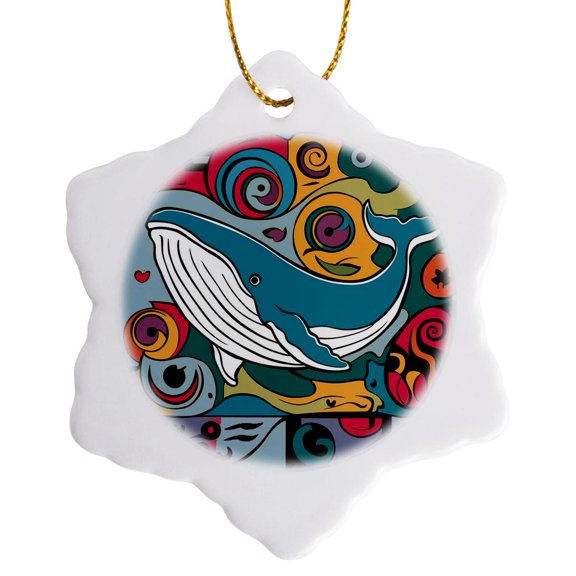3drose, Funny Cool Colorful Leaping Blue Whale Beach Abstract Art, 3 inch Snowflake Porcelain Ornament