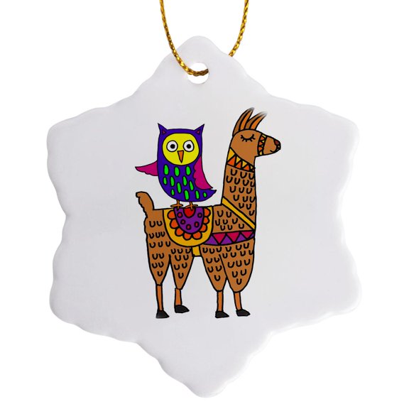 3drose, Funny Cool Colorful Owl Riding Llama Pop Art Cartoon, 3 inch Snowflake Porcelain Ornament