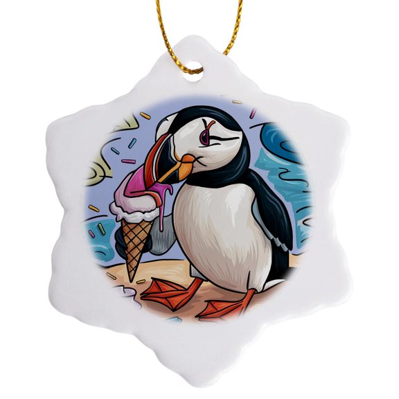 3drose, Funny Cool Colorful Puffin Bird Eating Ice Cream Cone Abstract Art, 3 inch Snowflake Porcelain Ornament