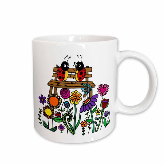 3drose, Funny Cool Dancing Ladybugs on Flower Garden Bench Nature Art, 11oz Mug