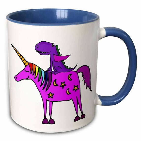 3drose, Funny Cool Dragon Riding Unicorn Cartoon, 15oz Two-tone Blue Mug