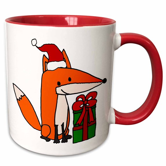 3drose, Funny Cool Foxy Red Fox Opening Christmas Gifts Cartoon, 15oz Two-tone Red Mug