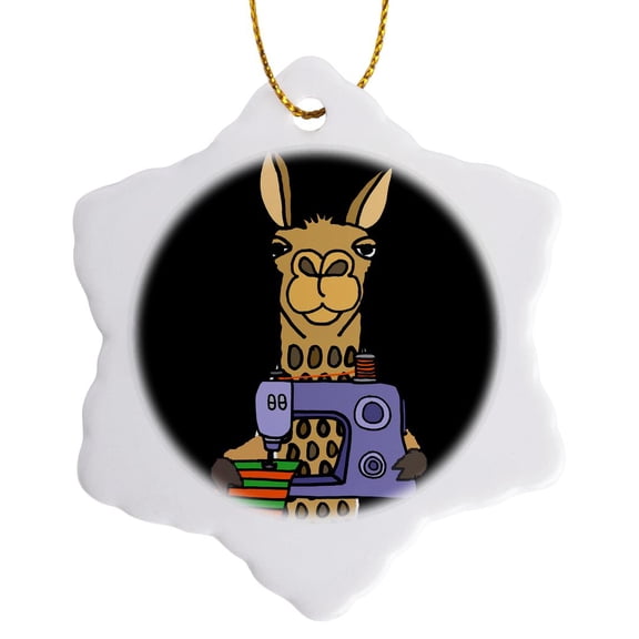 3drose, Funny Cool Funky Llama Using Sewing Machine Cartoon, 3 inch Snowflake Porcelain Ornament
