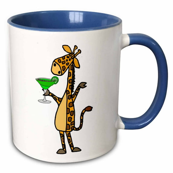 3drose, Funny Cool Giraffe Drinking Margarita Cartoon, 11oz Two-tone Blue Mug