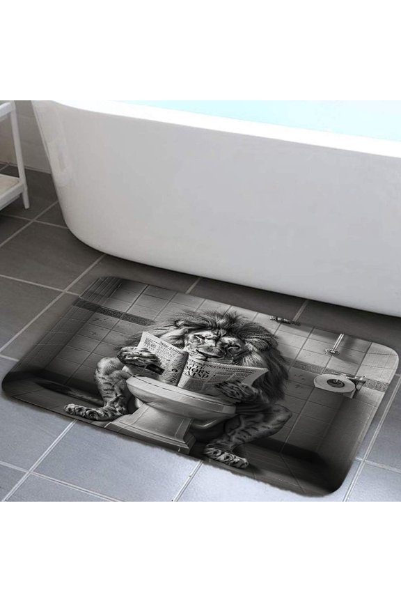 Funny Cool Lion Bath Mats Rugs for Bathroom, Fancy Leo Wild Animal Humor Animal on Toilet Flannel Bathroom Mat Bath Shower Rug Non Slip, American Grey Mat Bathroom Accessories Decor, 15.7X23.6in