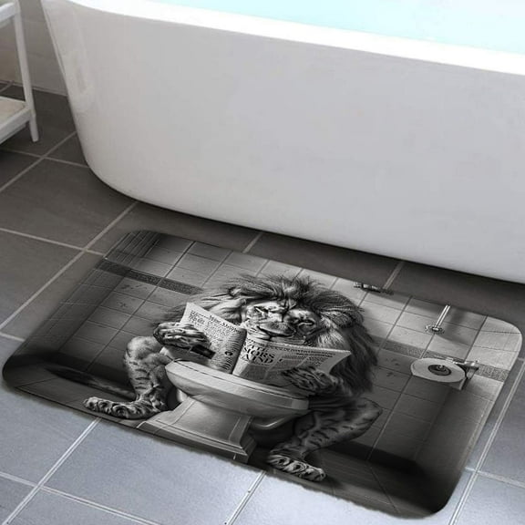 Funny Cool Lion Bath Mats Rugs for Bathroom, Fancy Leo Wild Animal Humor Animal on Toilet Flannel Bathroom Mat Bath Shower Rug Non Slip, American Grey Mat Bathroom Accessories Decor, 19X31in