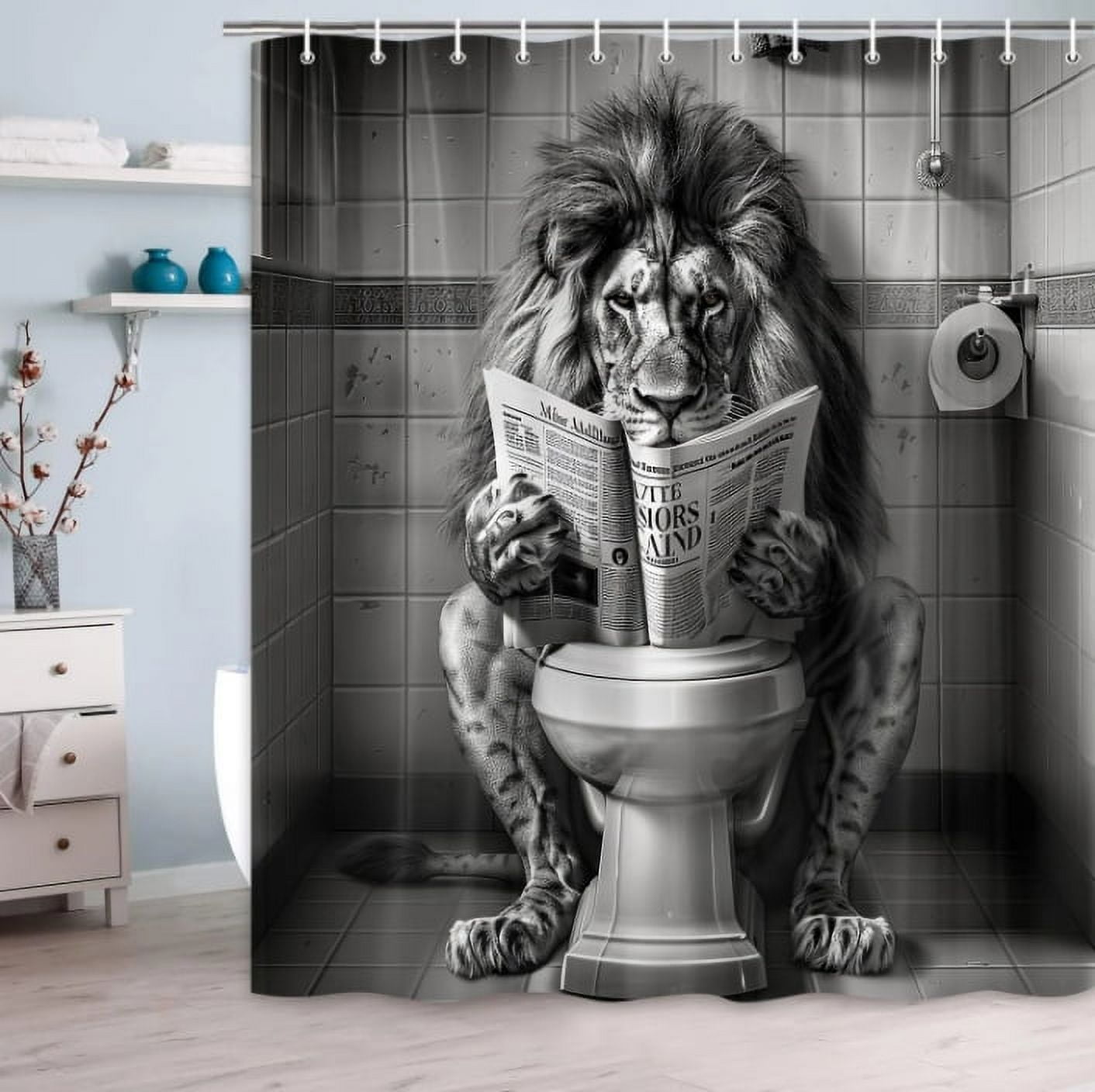 Funny Cool Lion Shower Curtain, Fancy Leo Wild Masculine Animal Humor Leo Animal on Toilet Shower Curtains Set, African American Grey and White Mens Shower Curtains Bathroom with Hooks, 72X78in