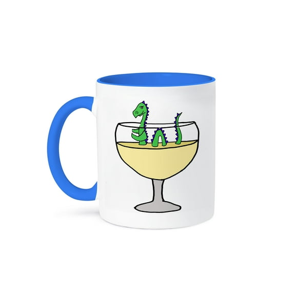 3dRose, Funny Cool Loch Ness Monster in Wine Glass Cartoon, 11oz Two-Tone Blue Mug