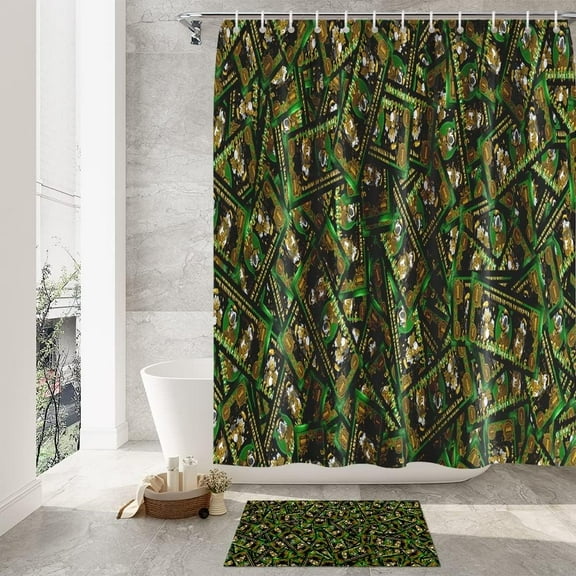 Funny Cool Money Shower Curtains set for Mens Bathroom Accessories Set Black Gold 100 Dollar Bills Non Slip Bathroom Rugs Toilet Lid Cover Money Bath Mat Money Curtains Bathroom Money Decor