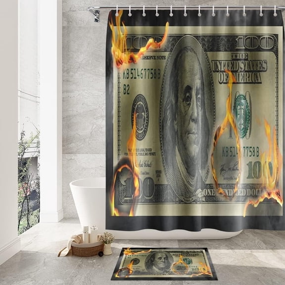 Funny Cool Money Shower Curtains set  for Mens Bathroom Accessories Set Black Gold 100 Dollar Bills Non Slip Bathroom Rugs Toilet Lid Cover Money Bath Mat Money Curtains Bathroom Money Decor
