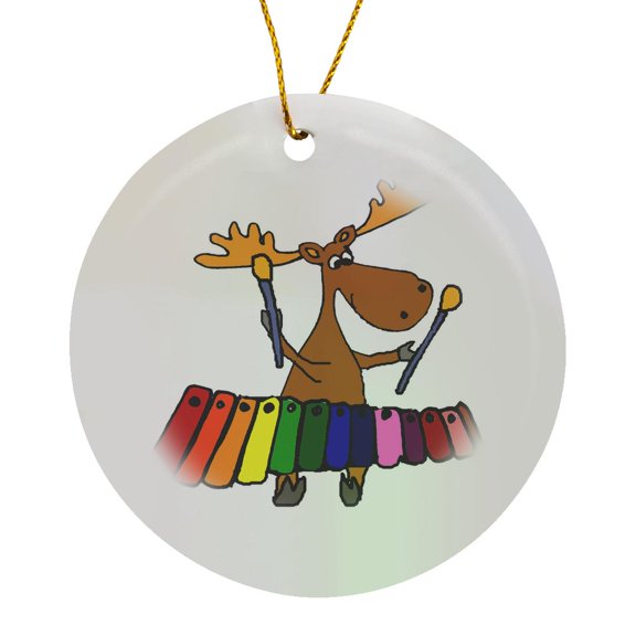 3drose, Funny Cool Moose Playing Xylophone Music Cartoon, Circle Porcelain Ornament