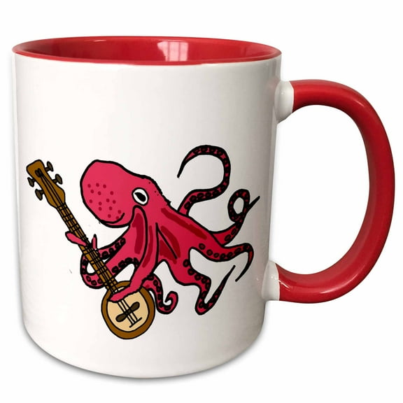 3drose, Funny Cool Octopus Playing Banjo Cartoon, 11oz Two-tone Red Mug