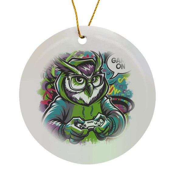 3drose, Funny Cool Owl Bird Gamer Playing Video Games Game on Graffiti, Circle Porcelain Ornament