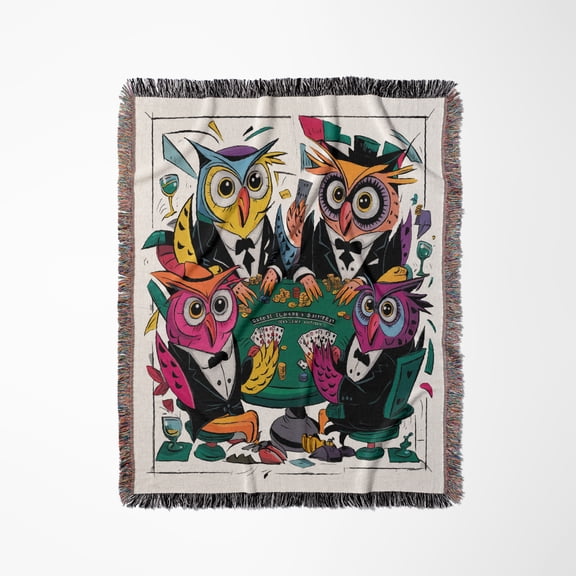 Funny Cool Owls Playing Poker Card Game Gambling Abstract, Woven Blanket