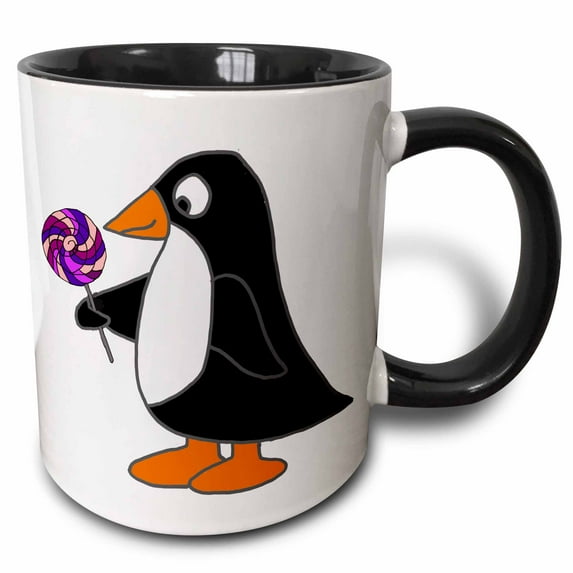3drose, Funny Cool Penguin Bird Eating Colorful Lollipop Candy, 11oz Two-tone Black Mug