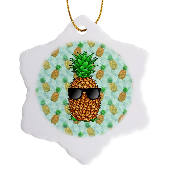 3drose, Funny Cool Pineapple with Sunglasses on a Island Pineapple Pattern., 3 inch Snowflake Porcelain Ornament