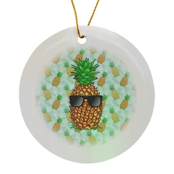 3drose, Funny Cool Pineapple with Sunglasses on a Island Pineapple Pattern., Circle Porcelain Ornament