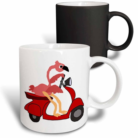 3drose, Funny Cool Pink Flamingo Bird Riding Red Motor Scooter Art, 11oz Magic Transforming Mug
