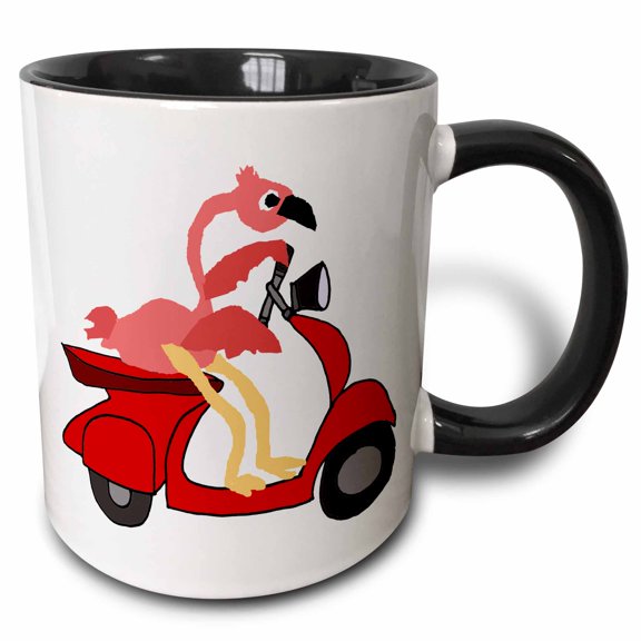 3drose, Funny Cool Pink Flamingo Bird Riding Red Motor Scooter Art, 11oz Two-tone Black Mug