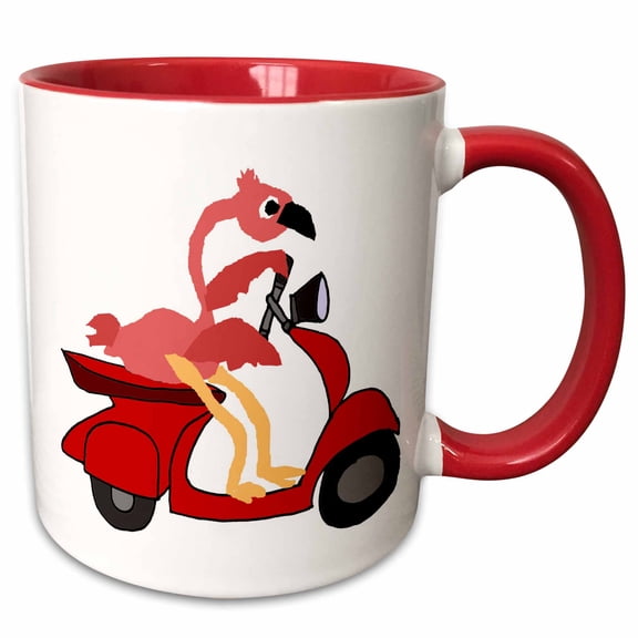 3drose, Funny Cool Pink Flamingo Bird Riding Red Motor Scooter Art, 11oz Two-tone Red Mug