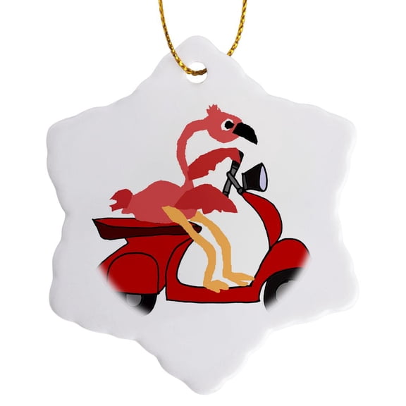 3drose, Funny Cool Pink Flamingo Bird Riding Red Motor Scooter Art, 3 inch Snowflake Porcelain Ornament