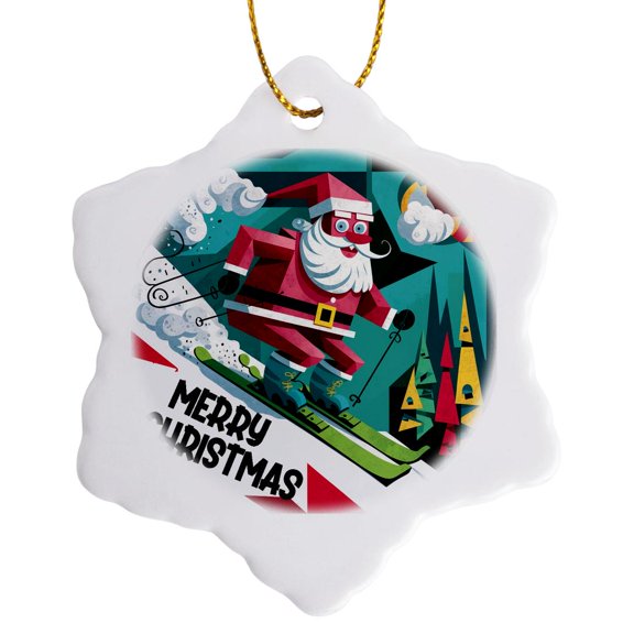 3drose, Funny Cool Santa Claus Skiing Merry Christmas Holiday Abstract, 3 inch Snowflake Porcelain Ornament