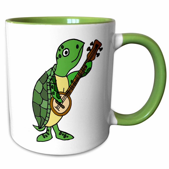 3drose, Funny Cool Sea Turtle Playing the Banjo Cartoon, 15oz Two-tone Green Mug