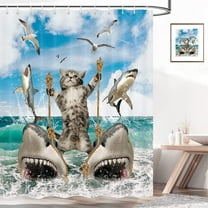 Funny Cool Shower Curtain, Fun Cat Riding Shark Bath Curtain, Blue Ocean Sea Wave Kids Children Waterproof Fabric Bathroom Curtain Set with Hooks 70x70inches