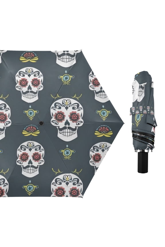 Funny Cool Skull Compact Sun Umbrella Windproof Travel Umbrellas for Rain Strong Portable UV Protection