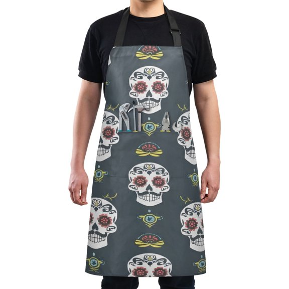 Funny Cool Skull Kitchen Apron with 2 Pockets Adjustable waterproof Cooking Aprons for Women Men Chef