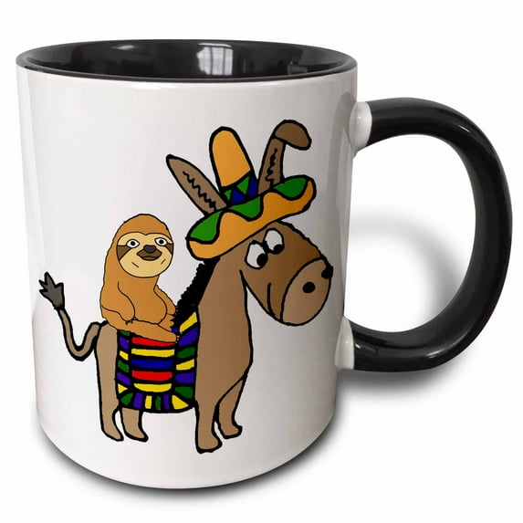 3drose, Funny Cool Sloth Riding Mexican Burro with Sombrero, 11oz Two-tone Black Mug