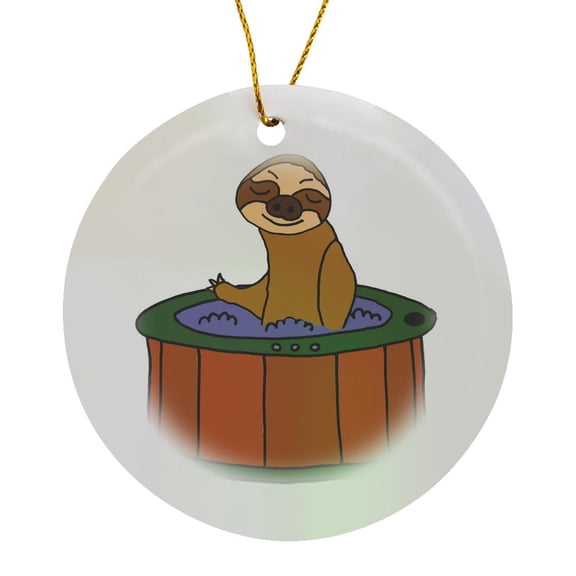 3drose, Funny Cool Sloth Soaking in Hot Tub Cartoon, Circle Porcelain Ornament