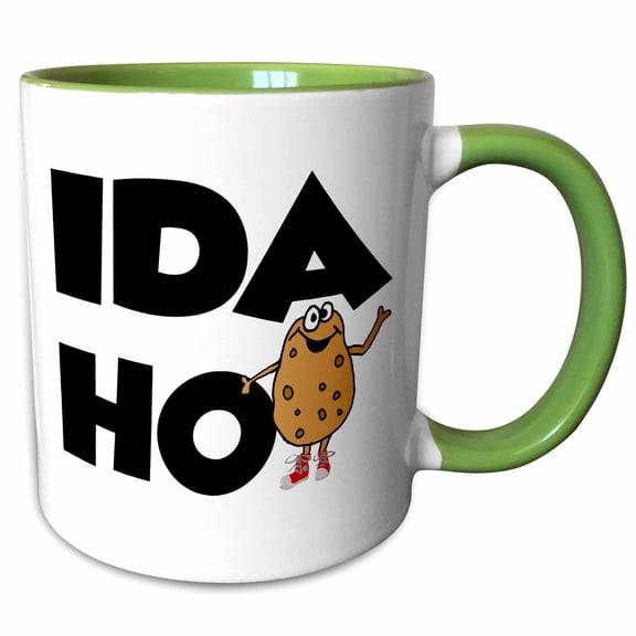 3drose, Funny Cool State of Idaho Wrap Around Text with Potato Man Travel, 11oz Two-tone Green Mug